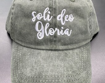 Soli Deo Gloria pigment dyed dad hat, baseball handwritten.Faith dad cap, maroon, forest, navy. Embroidered