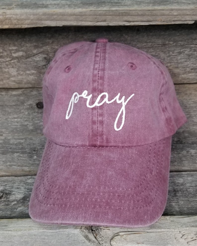 Christian saying pigment dyed dad hat, baseball handwritten. Pray, Be Kind, Cross-Faith dad cap, maroon, forest, navy. Embroidered cross hat image 8