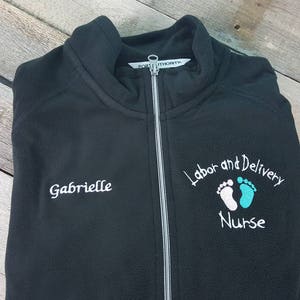 Labor and Delivery Nurse Jacket Black Ladies Lightweight Fleece Full Zip Customized