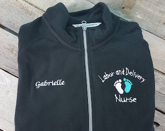 Labor and Delivery Nurse Jacket Black Ladies Lightweight Fleece Full Zip Customized