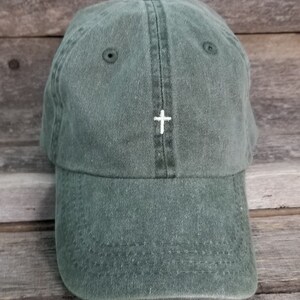Pigment dyed dad hat with tiny embroidered cross, baseball hat, handwritten. Faith, Christian embroidered unstructured hat