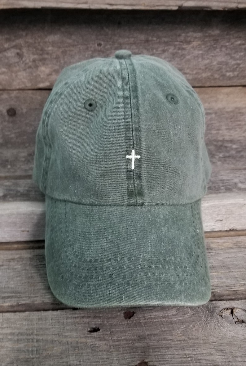 Pigment dyed dad hat with tiny embroidered cross baseball image 1