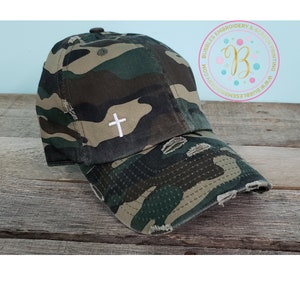 Cross Camo baseball hat, Christian, distressed, vintage dad hat