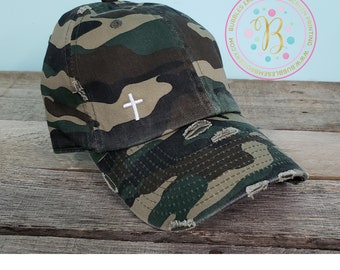 Cross Camo baseball hat, Christian, distressed, vintage dad hat