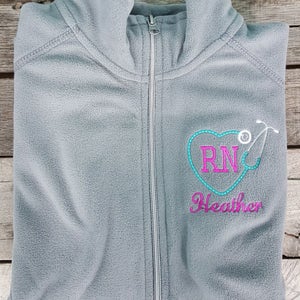 RN Nurse Jacket Grey Heart Stethoscope Ladies Lightweight Fleece Full Zip Customized