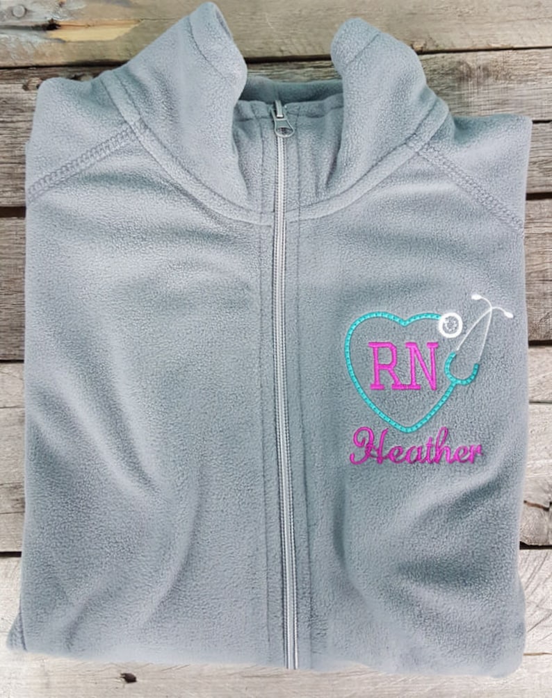 RN Nurse Jacket Grey Heart Stethoscope Ladies Lightweight Fleece Full Zip Customized