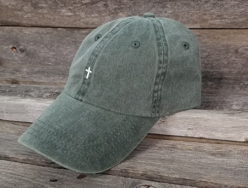 Christian saying pigment dyed dad hat, baseball handwritten. Pray, Be Kind, Cross-Faith dad cap, maroon, forest, navy. Embroidered cross hat image 7
