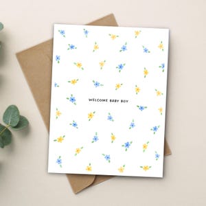 Bienvenue bébé garçon, carte de baby shower, carte aquarelle faite main, cadeau de fête de couche-culotte, carte pour les nouveaux parents, maman et papa qui attendent, blanc à l'intérieur