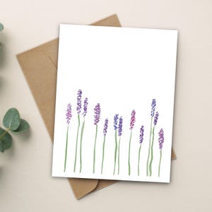 Carte aquarelle peinte à la main lavande, pas de carte de voeux vierge à l'intérieur, toutes les occasions, fleurs violettes, carte d'amant floral, cadeau fait main