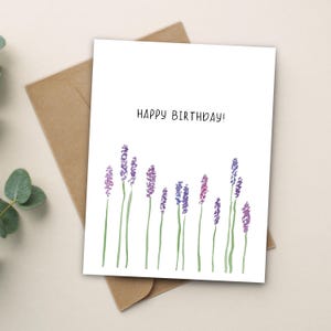 Carte d'anniversaire fleur de lavande aquarelle peinte à la main, carte de voeux vierge, joyeux anniversaire, carte d'amateur de fleurs, carte d'anniversaire, fabriquée au canada