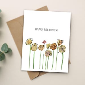 Carte d'anniversaire aquarelle florale, carte de voeux vierge à l'intérieur, fleurs jaunes, joyeux anniversaire, amoureux des fleurs et de la nature, cadeau fait main