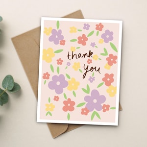 Carte de remerciement colorée faite main, fleurs mignonnes, intérieur vierge, écrivez votre propre message, cadeau de remerciement, cartes de vente en gros, carte avec enveloppe A2