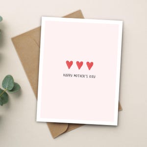 Carte de fête des mères aquarelle peinte à la main, coeurs roses, carte vierge faite main, cadeau de fête des mères, carte simple et élégante pour maman, grand-mère, femme