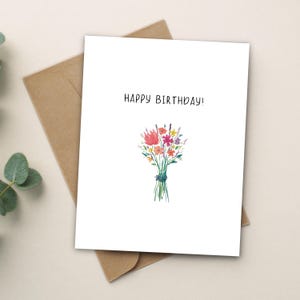 Carte d'anniversaire aquarelle florale, carte de voeux vierge, carte d'anniversaire bouquet, joyeux anniversaire, cadeau fait main, fabriqué au canada, peint à la main