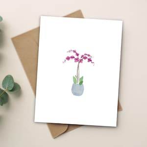Carte aquarelle orchidée violette faite main, pas de carte de voeux vierge à l'intérieur, toutes les occasions, fleurs violettes, carte d'amant floral, peinte à la main, vente en gros