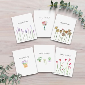 Lot de 6 cartes d'anniversaire, cartes peintes à la main à l'aquarelle, vierges à l'intérieur sans voeux, vente en gros et en vrac, motifs floraux, cadeau
