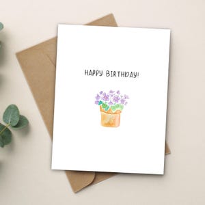 Carte d'anniversaire aquarelle violettes, carte de voeux vierge à l'intérieur, fleurs violettes peintes à la main, joyeux anniversaire, cadeau pour amoureux de la nature, taille a2