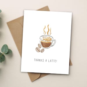 Merci une carte de café au lait, cadeau aquarelle fait main pour amateur de café, carte mignonne et amusante, carte de voeux vierge à l'intérieur, fabriquée au canada, peinte à la main