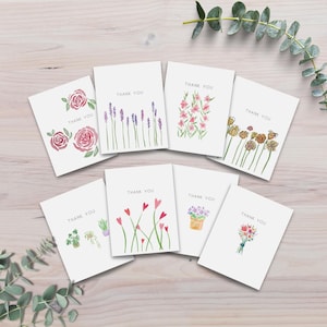 Merci, lot de 8 cartes aquarelles, vierges à l'intérieur, cartes en gros et en gros, cartes florales faites à la main, fabriquées au canada, a2 avec enveloppes