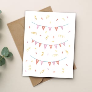 Carte de joyeux anniversaire avec bannière et confettis, cadeau d'anniversaire, jolis gribouillis colorés, blanc à l'intérieur, carte A2 avec enveloppe, livraison gratuite
