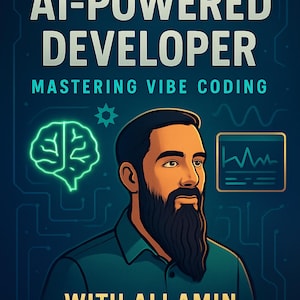 Könnte beinhalten: Buchcover für "The AI-Powered Developer" von Ali Amin. Das Bild zeigt eine stilisierte Illustration eines Mannes mit Bart, vor einem dunkelblauen Hintergrund mit technikbasierten Grafiken. Titel und Autorenname sind deutlich sichtbar.