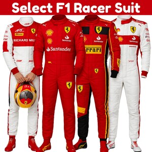 May include: Four F1 racing suits in red and white, with logos and sponsor branding. One suit is white with red accents, another is red with black and yellow details, and two are primarily red. The text "Select F1 Racer Suit" is at the top.