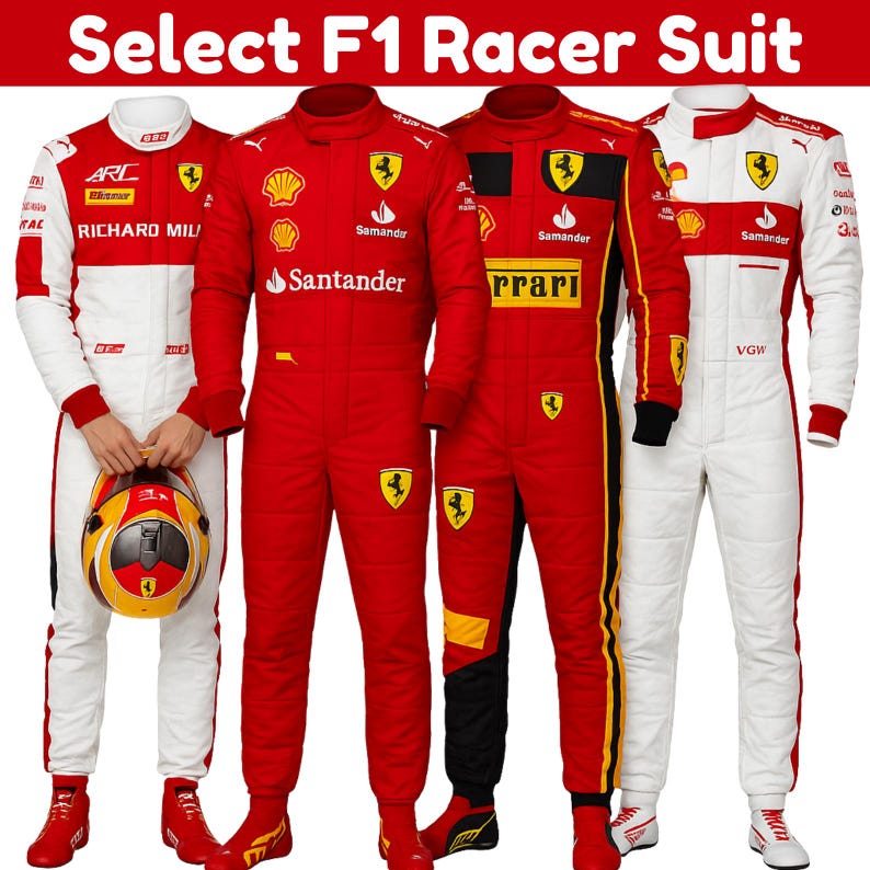 May include: Four F1 racing suits in red and white, with logos and sponsor branding. One suit is white with red accents, another is red with black and yellow details, and two are primarily red. The text "Select F1 Racer Suit" is at the top.