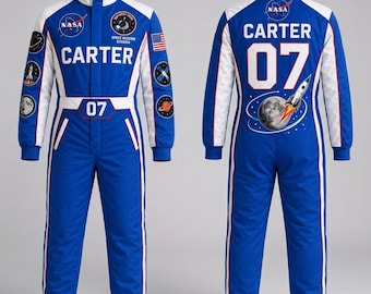 Blue White NASA Inspired Astronaut Suit for All Ages, Personalized Kids Adult Space Costume, Custom Space Explorer Jumpsuit