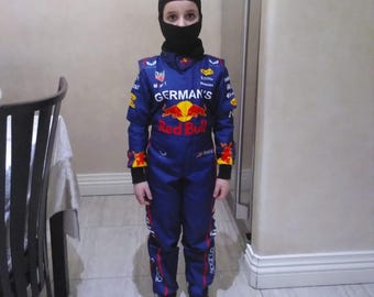 Kinder Red Bull F1 Jumpsuit, personalisierte Namensflagge, Max Verstappen Rennanzug, F1 Kostüm, Kart Outfit, Geburtstagsgeschenk