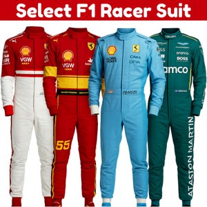 May include: Four F1 racer suits in red, white, light blue, and green. The suits have logos and text, including "Select F1 Racer Suit", "VGW", "GLOBAL POKES", "CAMIA CEVA", and "ATASTON MARTIN".