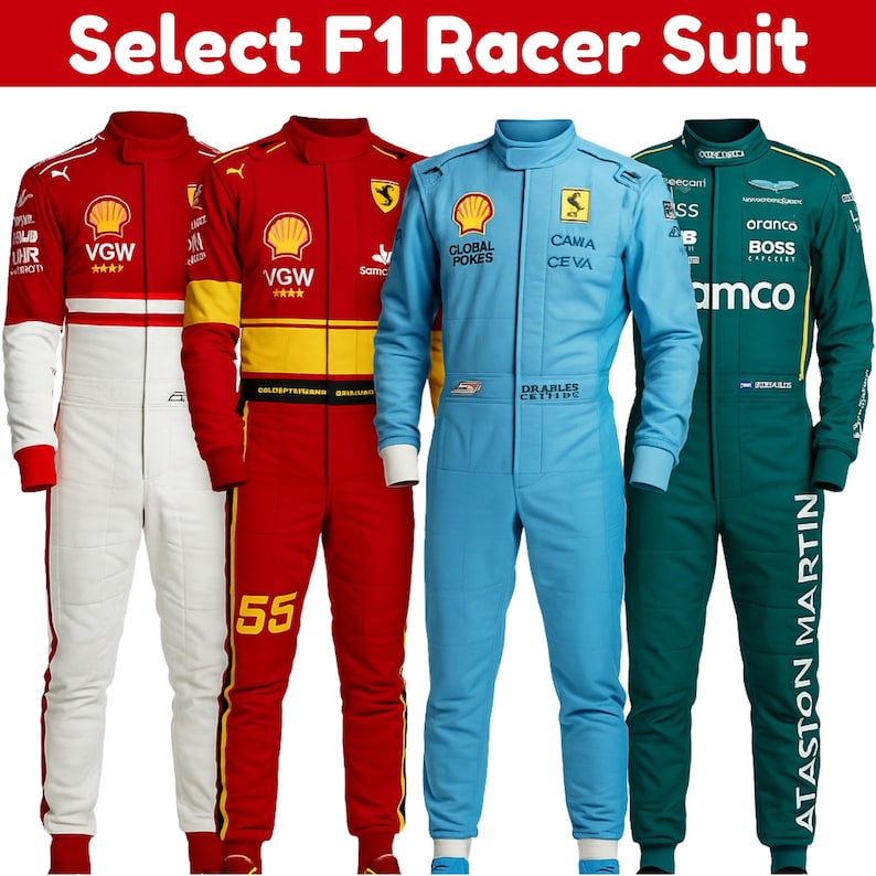 May include: Four F1 racer suits in red, white, light blue, and green. The suits have logos and text, including "Select F1 Racer Suit", "VGW", "GLOBAL POKES", "CAMIA CEVA", and "ATASTON MARTIN".