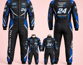 Custom Racing Suit for Kids and Adults, Personalized Karting Costume, Black Blue Motorsport Jumpsuit