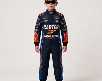 Kids Dark Navy Formula 1 Inspired Racing Suit, Personalized Motorsport Jumpsuit, Custom Name Number Grand Prix Costume