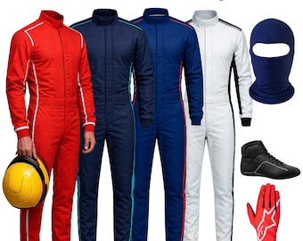 May include: The image showcases a variety of racing jumpsuits in red, navy, blue, and white. Accessories include a balaclava, gloves, helmet, and racing boots. The text "Customize Jumpsuit" is at the top of the image.