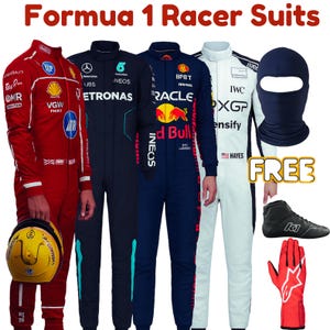 May include: Formula 1 racing suits in red, navy, and white, with logos and sponsor details. Includes a helmet, balaclava, gloves, and racing boots. The text "Formula 1 Racer Suits" is at the top.
