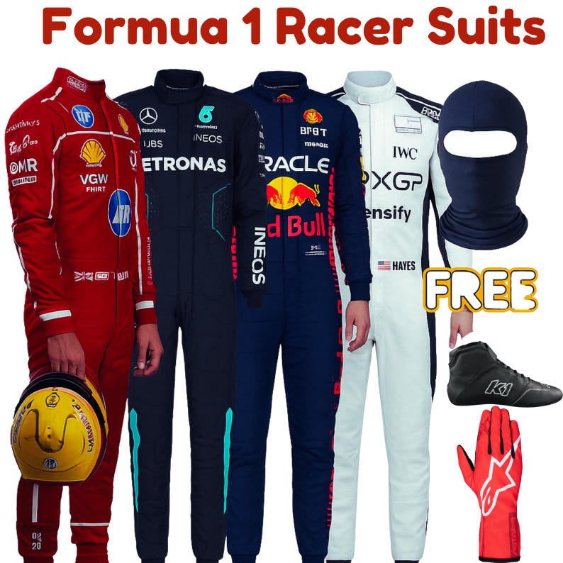 May include: Formula 1 racing suits in red, navy, and white, with logos and sponsor details. Includes a helmet, balaclava, gloves, and racing boots. The text "Formula 1 Racer Suits" is at the top.