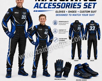 Blue Black Custom Racing Jumpsuit Set, Personalized Motorsport Suit with Matching Gloves Shoes, Name Number Event Costume