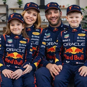 May include: A family of four wearing matching navy blue racing suits and caps. The suits feature the Red Bull logo, along with sponsor logos and the word "ORACLE". The caps have a "T" logo. They are sitting on a gray couch.
