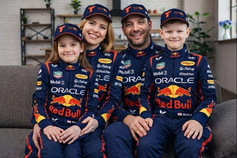 May include: A family of four wearing matching navy blue racing suits and caps. The suits feature the Red Bull logo, along with sponsor logos and the word "ORACLE". The caps have a "T" logo. They are sitting on a gray couch.