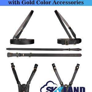 Sam Browne Black Leather Belt with Crossover Shoulder Strap, British Military Belt with Golden Accessories, Vintage Uniform Accessory Gift
