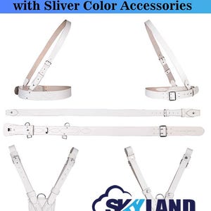 Sam Browne White Leather Belt with Crossover Shoulder Strap, British Military Belt with Silver Accessories, Vintage Uniform Accessory Gift