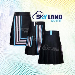 May include: Three black kilts with vertical stripes in light blue and pink. The kilts have a pleated design and feature the text "SKYLAND OUTFIT" in a cloud-shaped logo. The kilts are displayed against a gradient background.