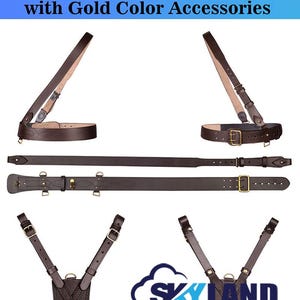 Sam Browne Brown Leather Belt with Crossover Shoulder Strap - British Military Belts - with Golden Accessories