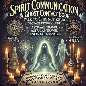 Könnte beinhalten: Eine Illustration im Vintage-Stil eines Ouija-Bretts mit einer leuchtenden Geisterfigur, die darüber sitzt. Das Brett enthält die Buchstaben A-Z, die Zahlen 1-9 und die Wörter "ja", "nein" und "auf Wiedersehen". Das Bild enthält auch Kerzen und eine Glasflasche.