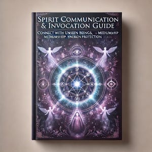 May include: Book cover with a purple and blue background featuring a glowing circle with geometric shapes and symbols. The title of the book is "Spirit Communication & Invocation Guide" with the subtitle "Connect with Unseen Beings, Mediumship, Energy Protection".