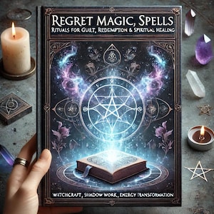 Könnte beinhalten: Ein schwarzes Buch mit einem goldgeprägten Titel "Regret Magic, Spells: Rituals for Guilt, Redemption & Spiritual Healing". Das Buch ist geöffnet und zeigt ein leuchtendes Pentagramm und ein geschlossenes Buch im Inneren. Der Einband hat einen dunklen Hintergrund mit einem leuchtenden Pentagramm und anderen Symbolen.