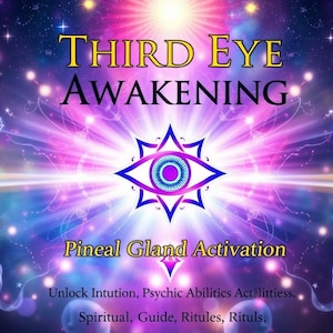 May include: A colorful image with a purple, blue, and white third eye symbol in the center. The text "THIRD EYE AWAKENING" is at the top of the image in yellow letters. The text "Pineal Gland Activation" is below the symbol in yellow letters. The text "Unlock Intution, Psychic Abilities Actilittiess, Spiritual, Guide, Ritules, Rituls." is at the bottom of the image in white letters.