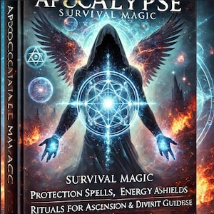 Può includere: Una copertina di libro con una figura oscura con ali, un cerchio blu incandescente con un motivo a stella e il testo "Apocalypse Survival Magic" sulla copertina.