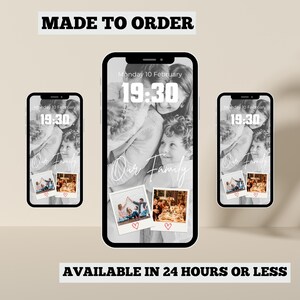 May include: Three mockups of a smartphone screen displaying a black and white photo of a family with the text "Our Family" and the time "19:30" on the screen. The text "Monday 10 February" is also displayed on the screen. The text "AVAILABLE IN 24 HOURS OR LESS" is displayed below the mockups.