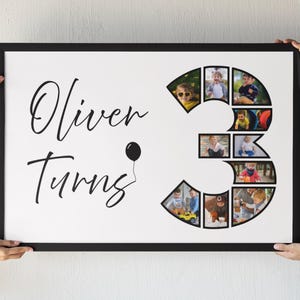 Puede incluir: Un collage de fotos enmarcado con las palabras "Oliver Turns" en escritura elegante, con un número "3" lleno de varias fotos pequeñas. Se incluye un gráfico de globo negro. El marco es negro.